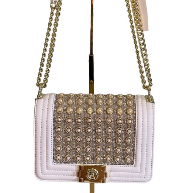 Boutique White Vegan Leather Pearl Convertible Chain Shoulder Crossbody Nwt